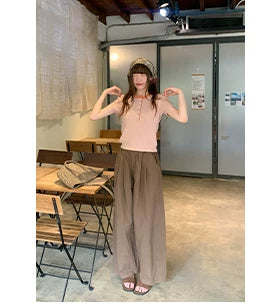KANO Contrasting Color Round Neck Semi-open Short-sleeved Knitted Sweater