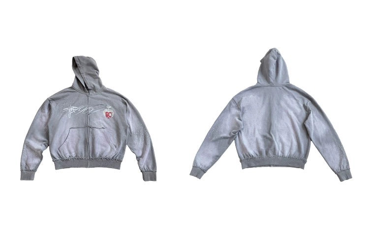 WASE Old Damage Print Hooded Hot Drill Short Wide Zipper Sweater