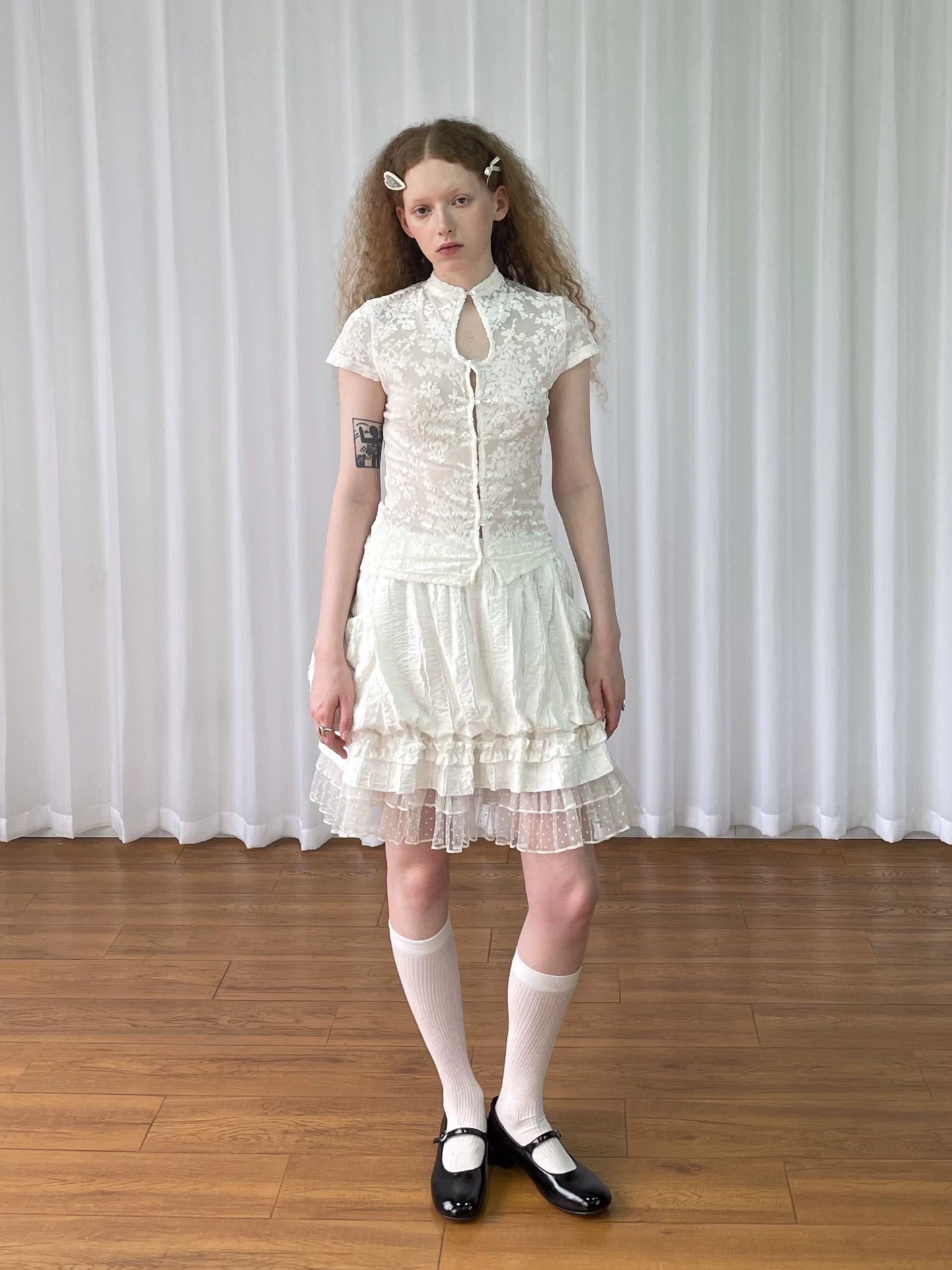 Loosesmell Polka Dot Mesh Stitching Slim Skirt