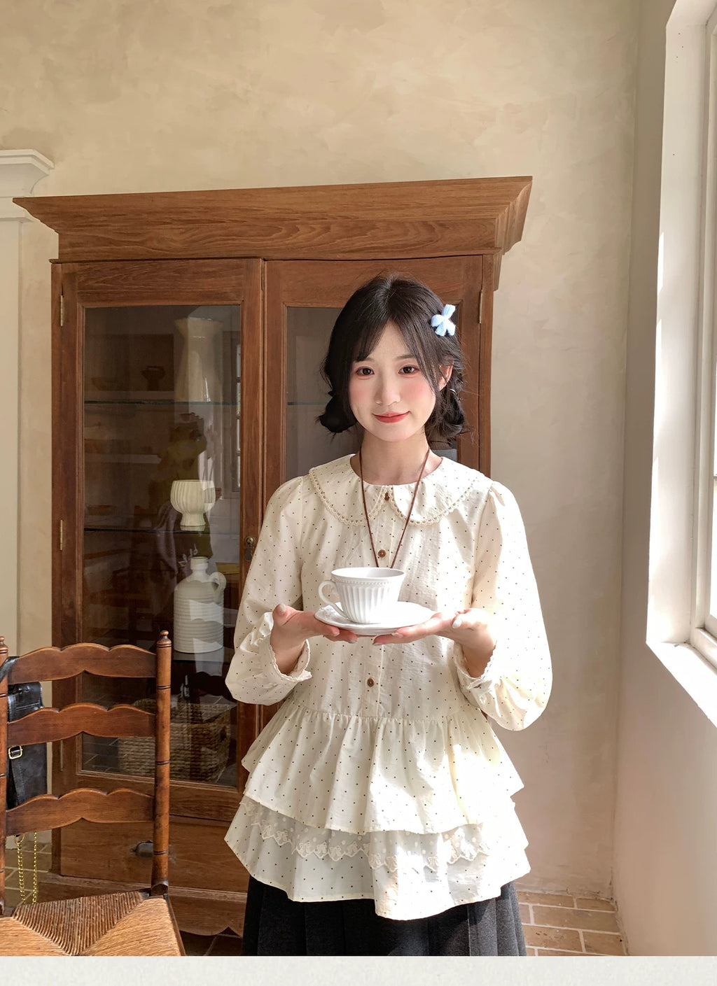 MUCHA Vintage Lace Polka Dot Long Sleeve Shirt