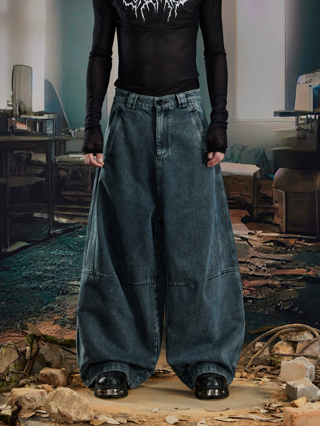NOMANIAI Make Old Dirty Dyed Wide-leg Scimitar Jeans