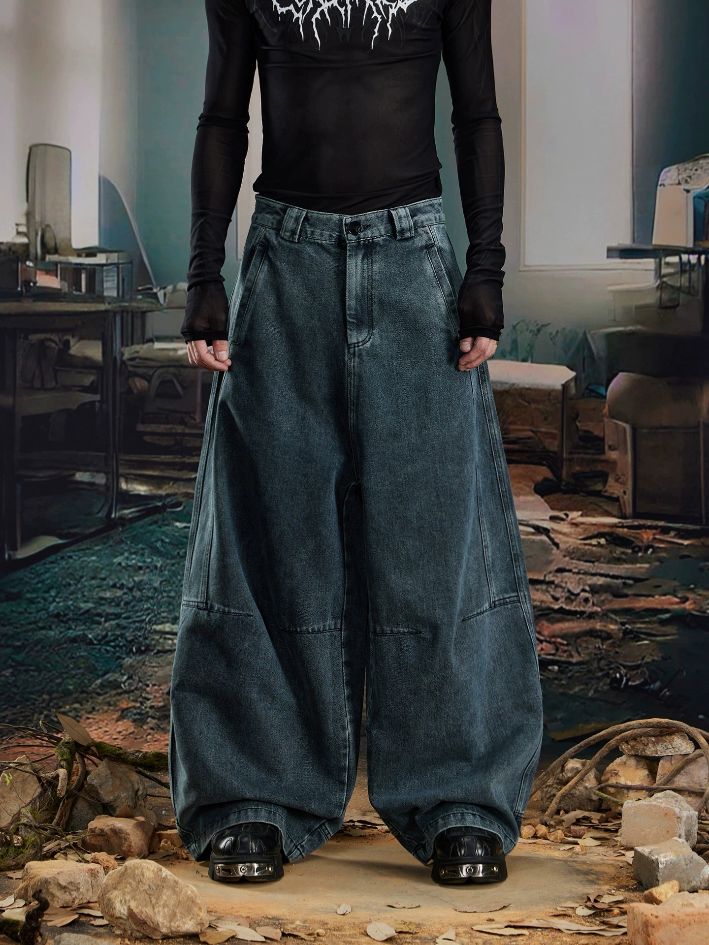 NOMANIAI Make Old Dirty Dyed Wide-leg Scimitar Jeans