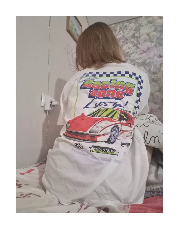 Wang Youbing Vintage Racing Print Loose Casual Tee