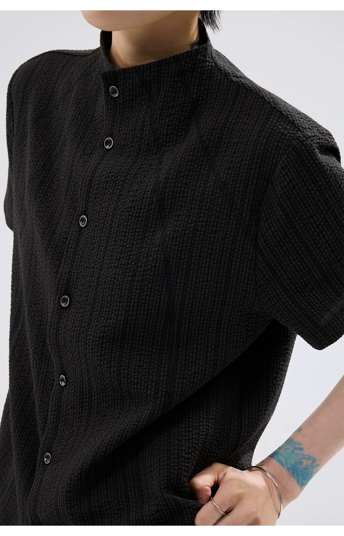 Sameuoo Small Stand-collar Striped Short-sleeve Shirt