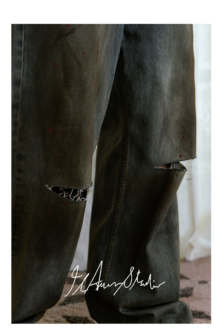 JCAESAR Ink-splashed Dirty-dyed Straight Jeans