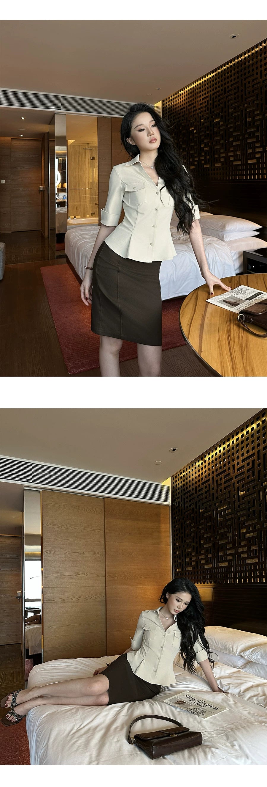 LLROGE Slim Fit and Thin Waist Shirt Skirt Set