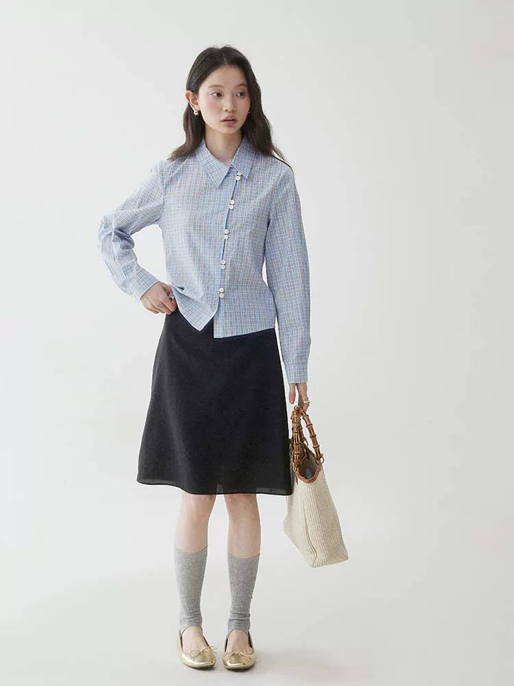 VOOE Contrasting Plaid Diagonal Neck Shirt