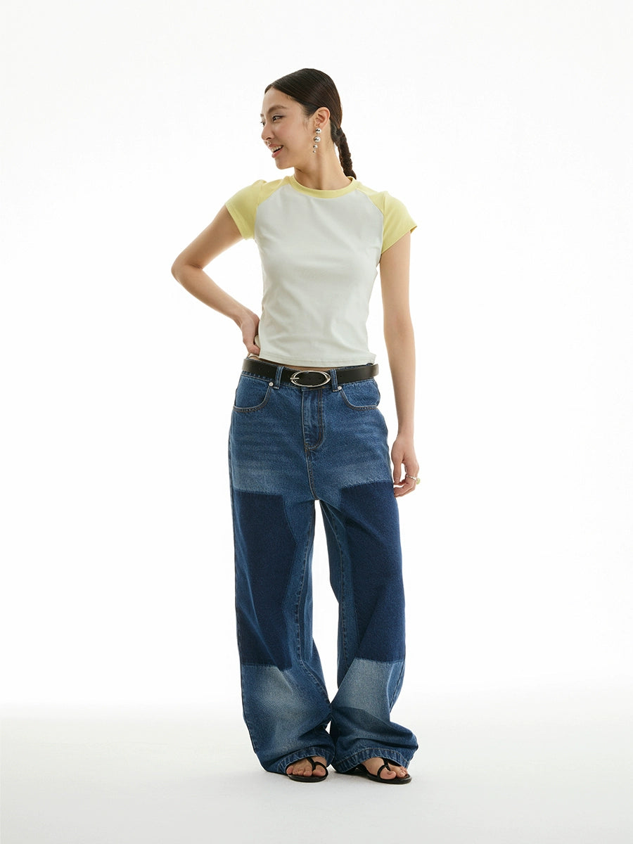 FUNKYFUN Elastic Thread Contrasting Shoulder Sleeve Tee