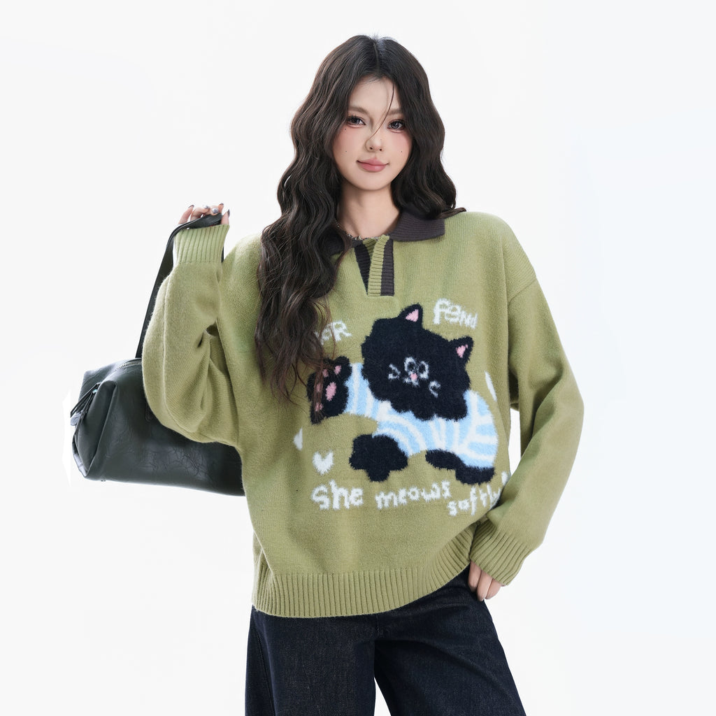 BF. BORFEND Black Cat Contrast Versatile Loose Warm Knitted Sweater