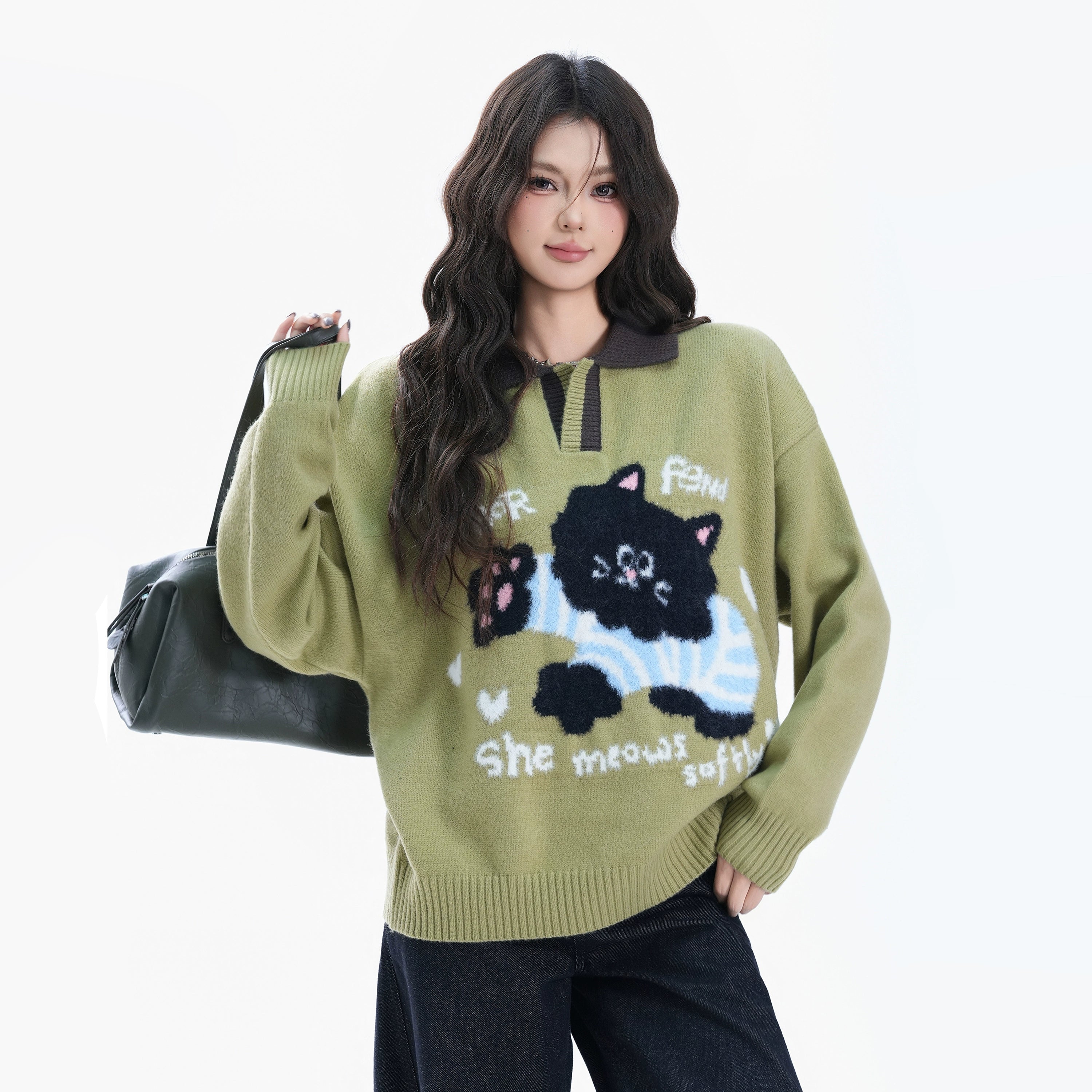 BF. BORFEND Black Cat Contrast Versatile Loose Warm Knitted Sweater