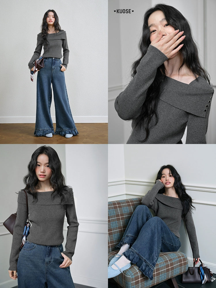 Kuose One-word Shoulder Thin Long-sleeved Knitted Sweater