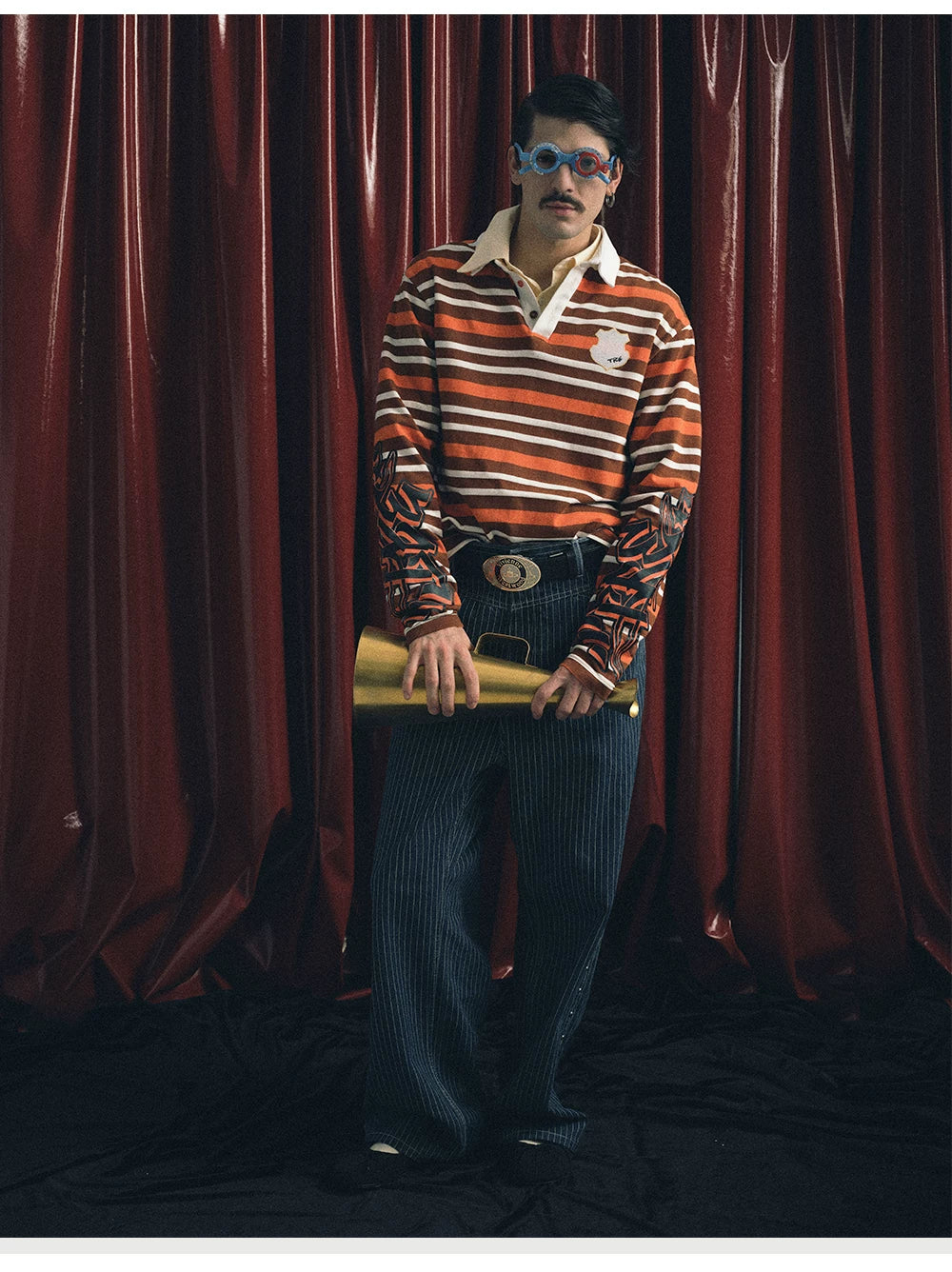 TREclub Vintage Striped Embroidered Epaulettes Polo Shirt Long Sleeve