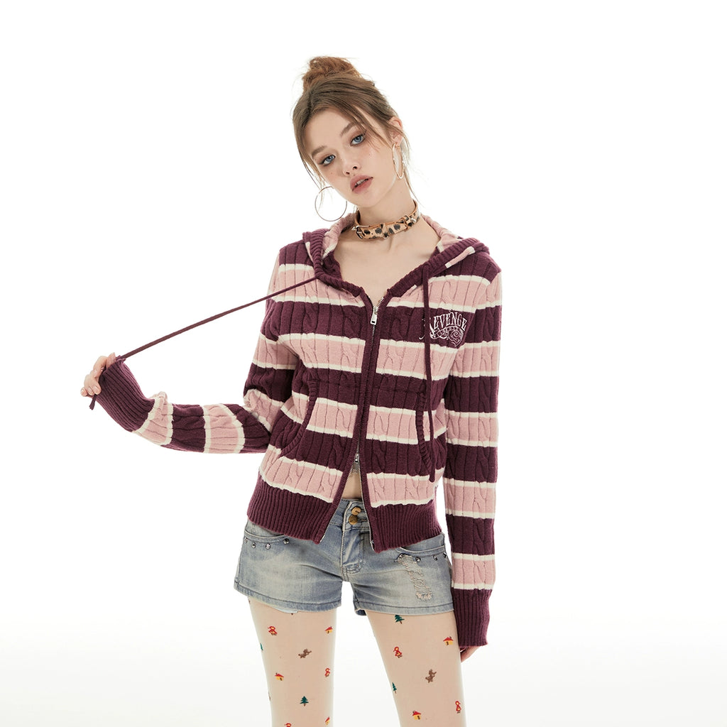 IMONE Vintage Contrast Striped Patch Embroidered Hooded Cardigan