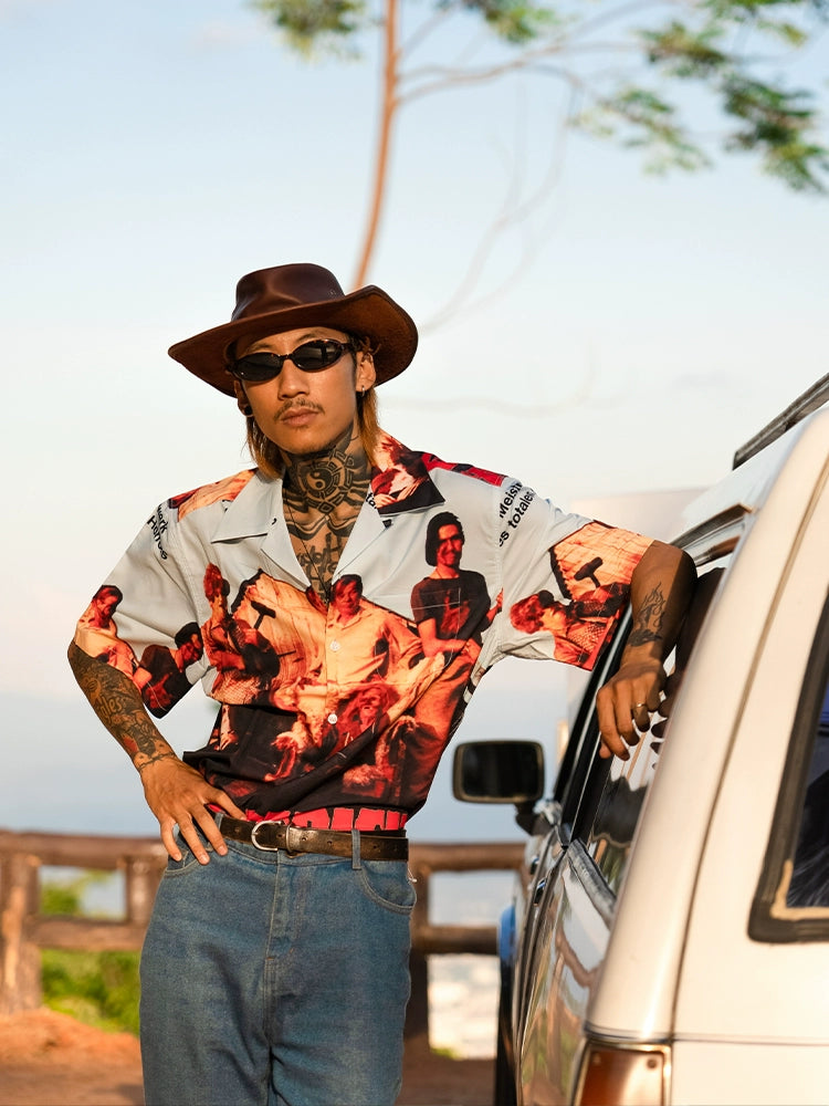PUBLICRADIO Vintage Maniac Western Print Cuban Collar Silk Cotton Shirt