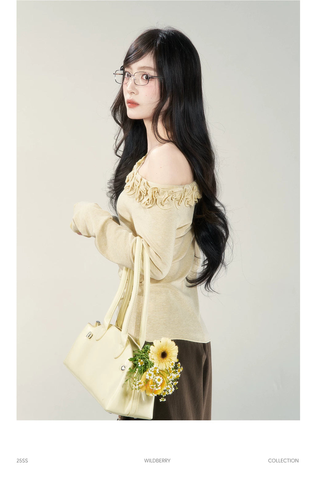 Wildberry Slant Shoulder Stand Flower Slim Knit Long Sleeve