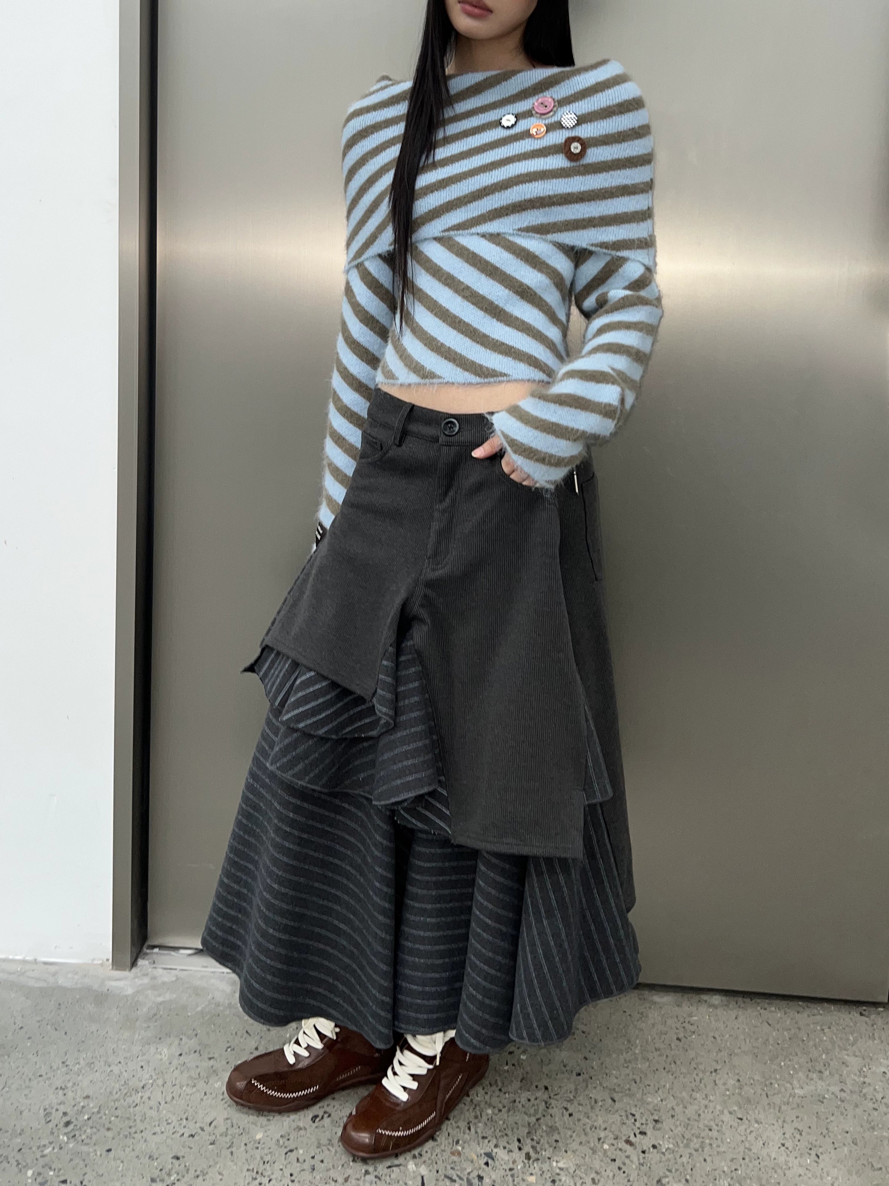 JIKOO Asymmetrical Splicing Striped Skirt