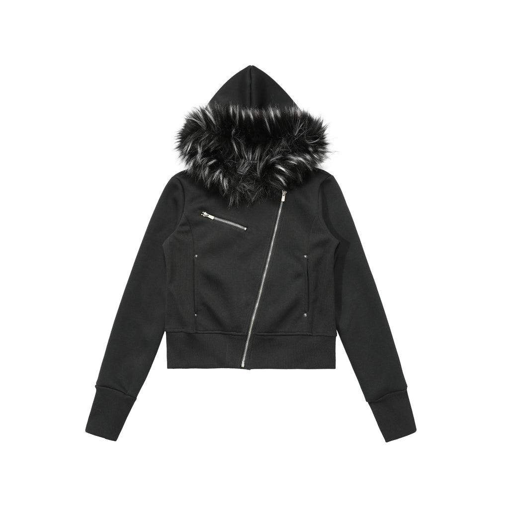 CHANYOOU Retro Diagonal Zipper Short Fur Collar Hooded Sweater