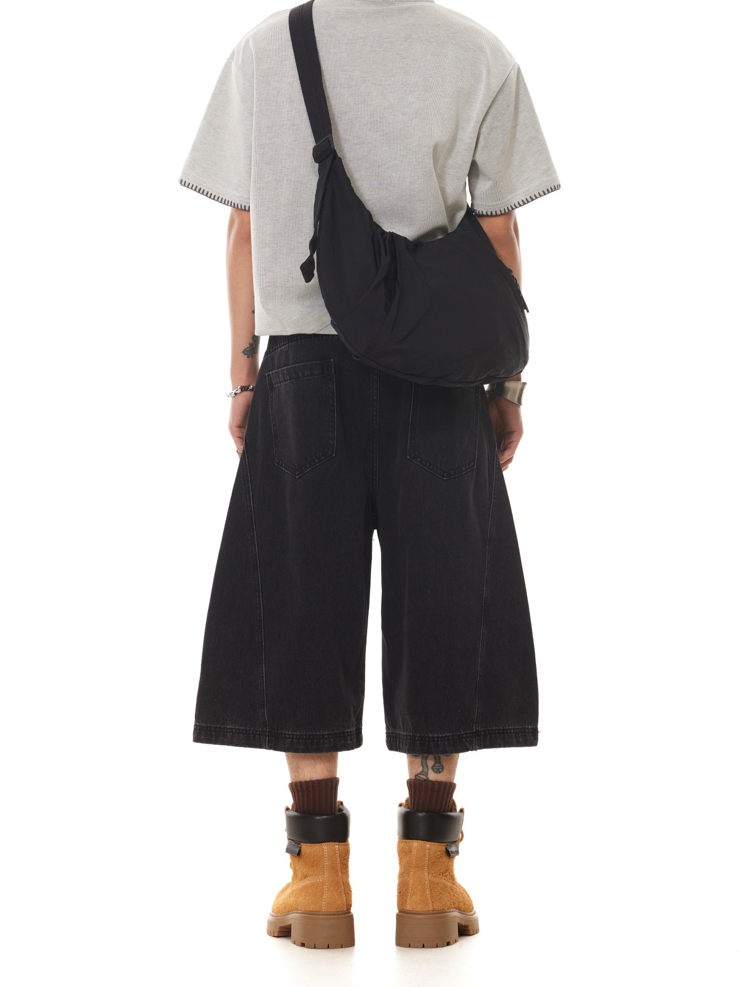 BTSG boxy washed natural black wide-leg denim shorts