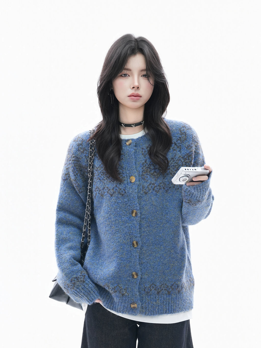 Zuocisankon Retro Tie-dye Jacquard Knitted Cardigan Sweater