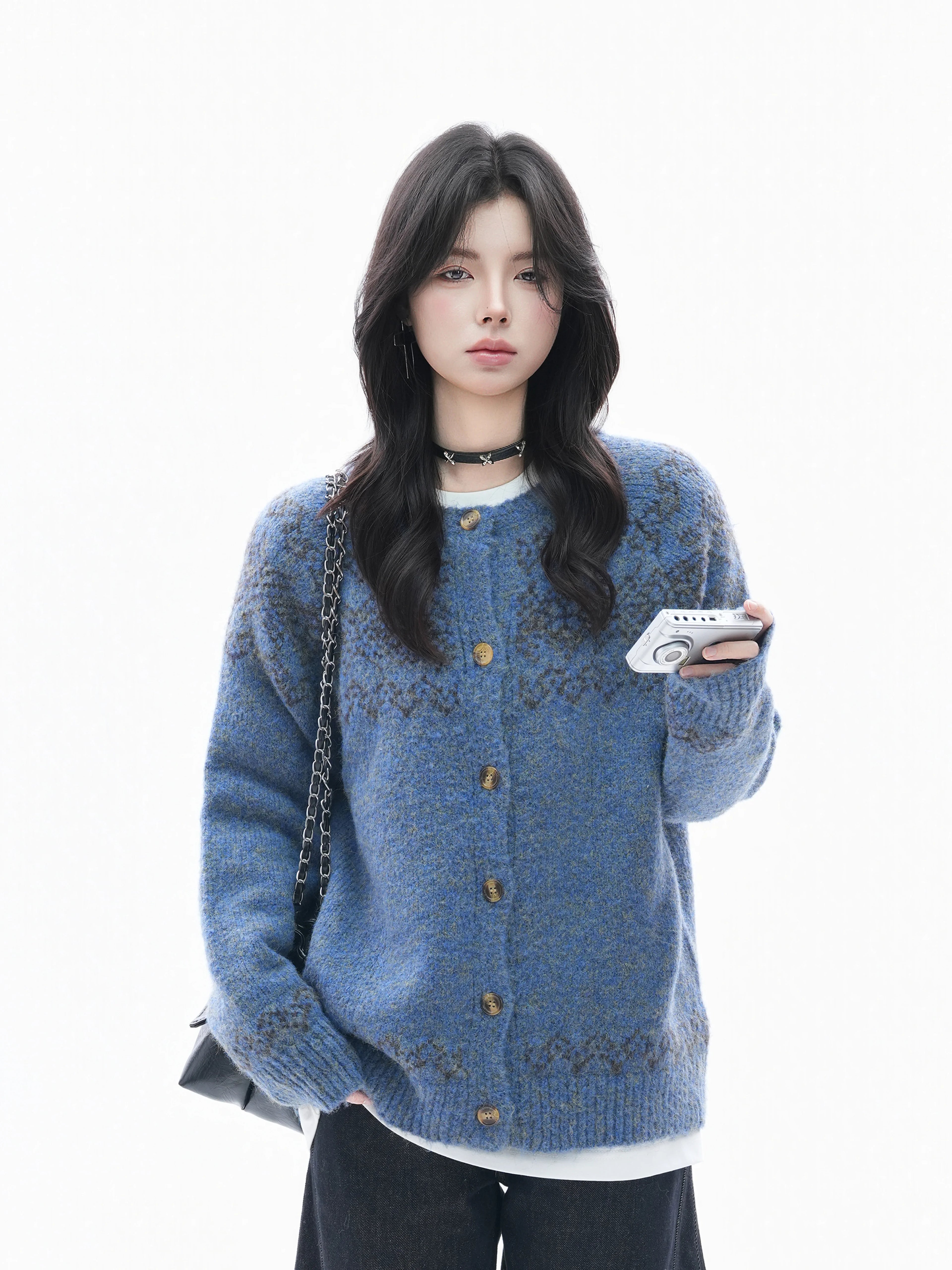 Zuocisankon Retro Tie-dye Jacquard Knitted Cardigan Sweater