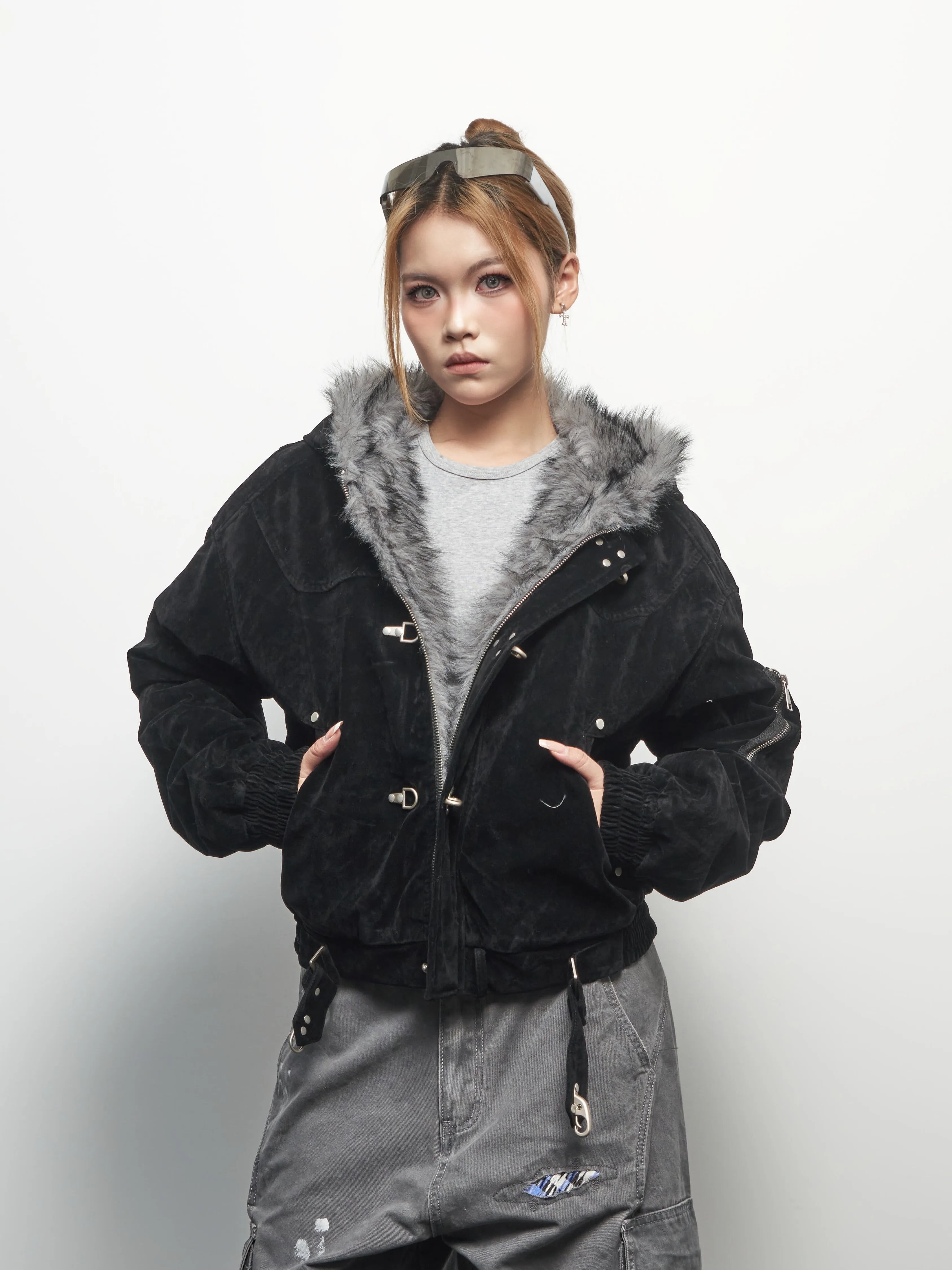 BLACKENERGY Retro Fur Collar Hooded Thickened Cotton Jacket