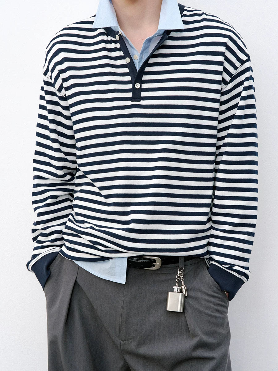 714Street Linen Blended Henry Neck  Striped Long SleeveT-Shirt