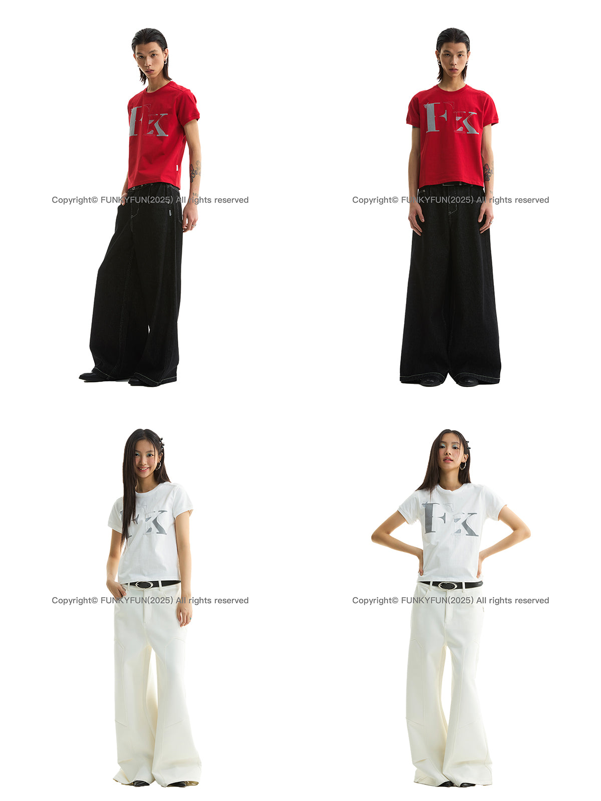 FUNKYFUN FK Letter Embroidery Print Front Shoulder Tee