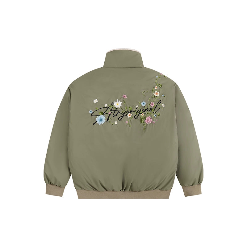 ATRY Embroidered Floral Fur Collar Lapel Thick Coat
