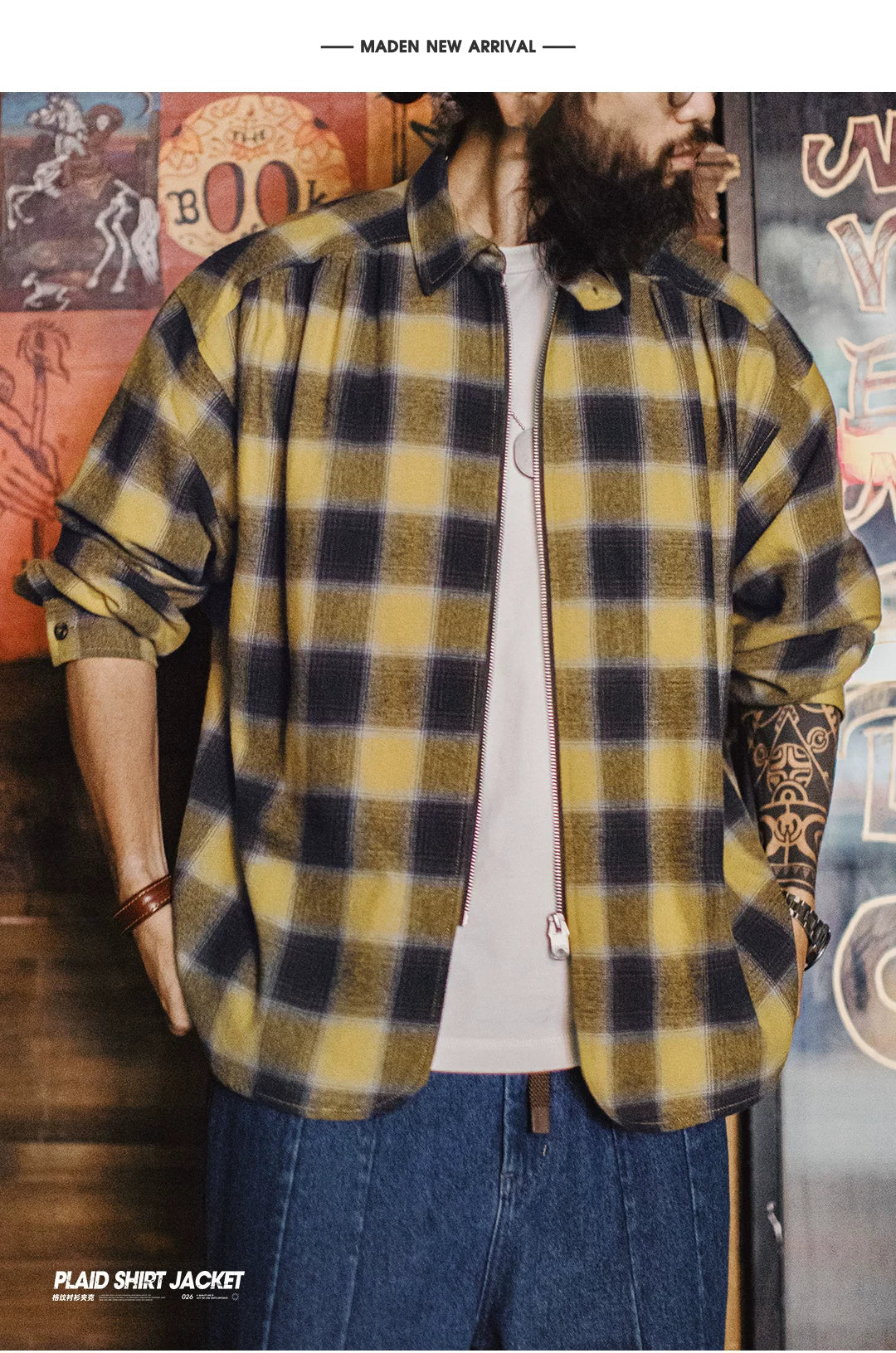 Madden Plaid Zip Lapel Plaid Long Sleeve Shirt