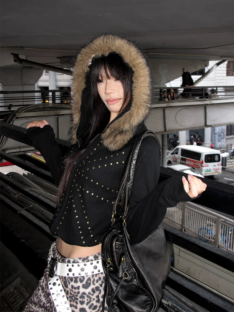 EAHO Fur Collar Rice Rivet Hooded Sweater