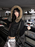 EAHO Fur Collar Rice Rivet Hooded Sweater