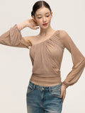 Anna Aneae Mesh Slanted Shoulders Waist Slim Tee