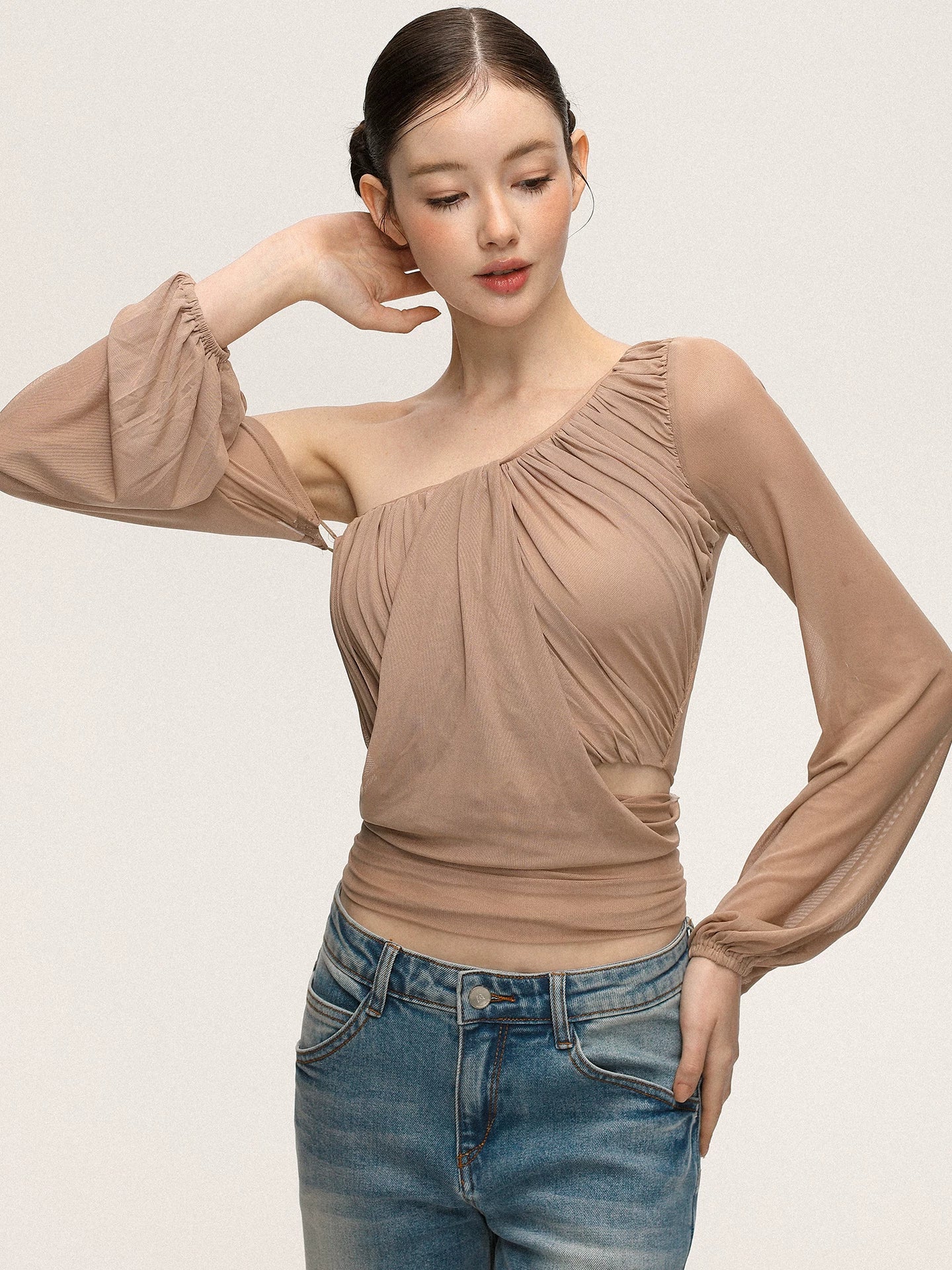 Anna Aneae Mesh Slanted Shoulders Waist Slim Tee