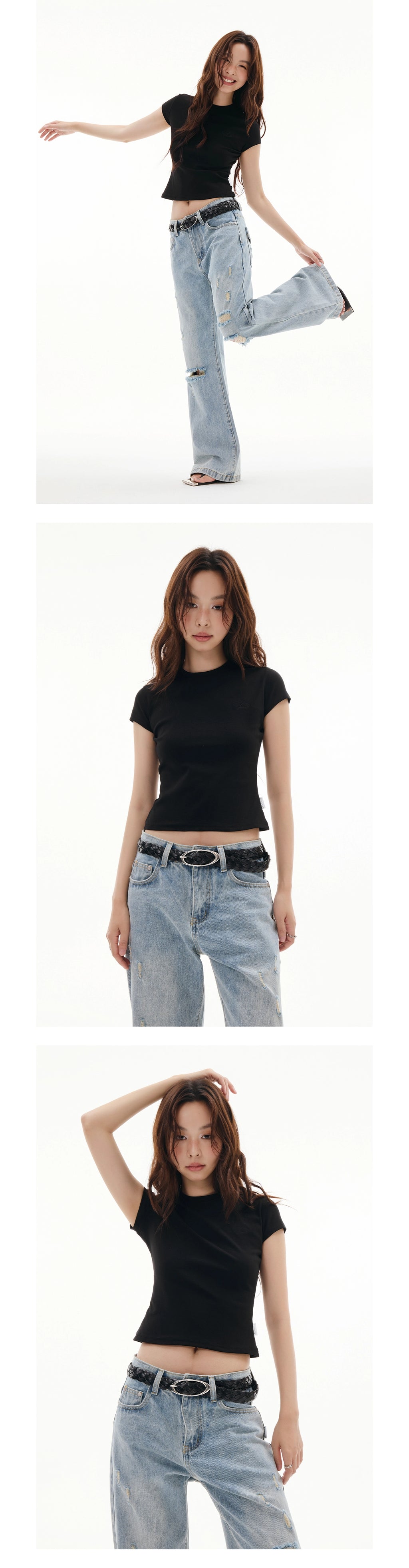 FUNKYFUN Embroidery Front Shoulder Waist Tee