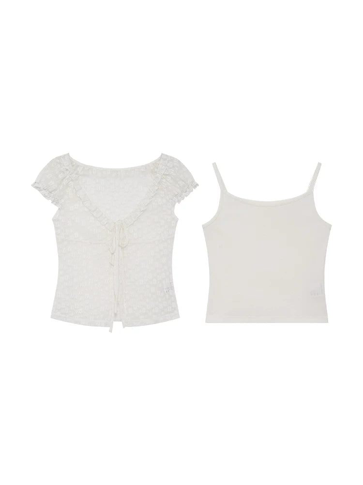 KANO Ruffle Lace Bubble Sleeve Blouse Set