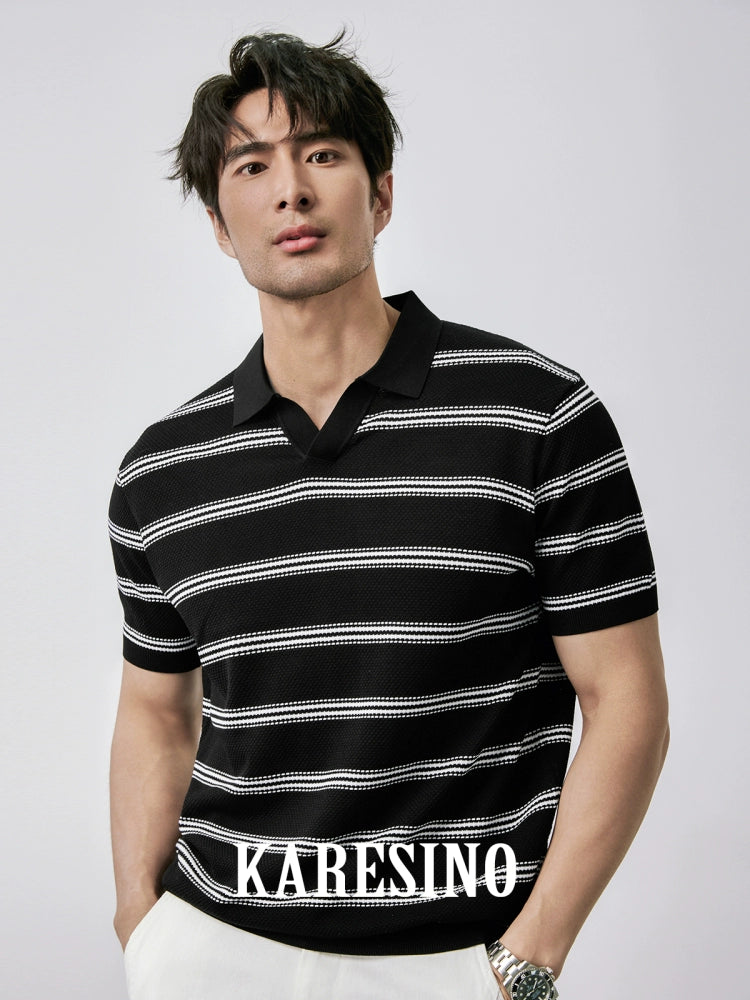 KARESINO Ice-silk Lapel-neck Striped Knitted Polo Shirt