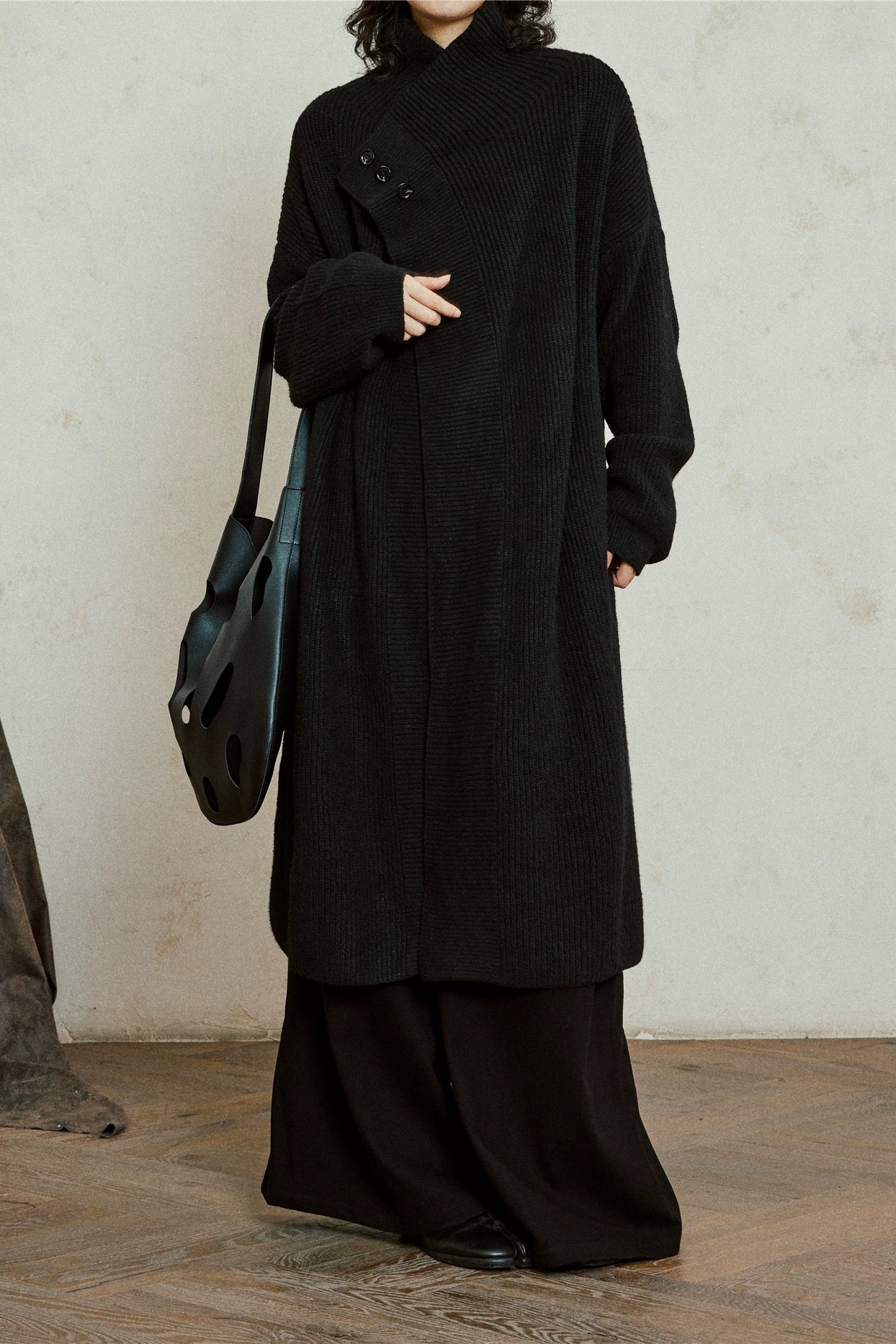 SUNYVONNE Irregular Swinging Collar Long Sweater Jacket