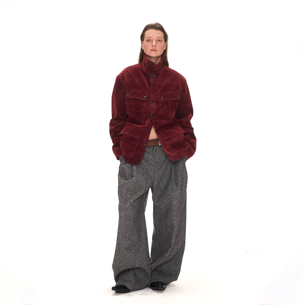 ANTERIOR LOVED Fleece Multi-pocket Denim Slim-fit Stand-up Jacket