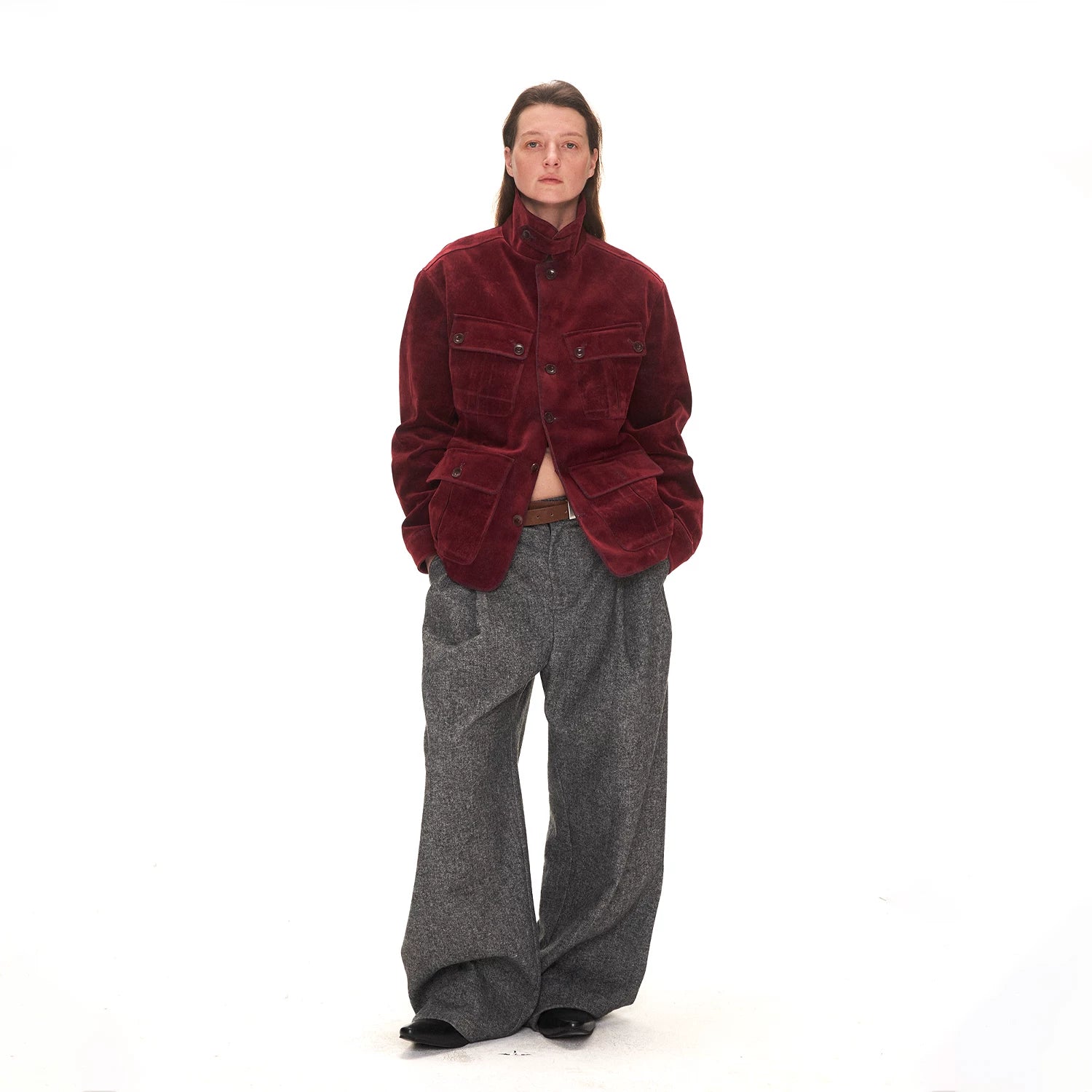 ANTERIOR LOVED Fleece Multi-pocket Denim Slim-fit Stand-up Jacket