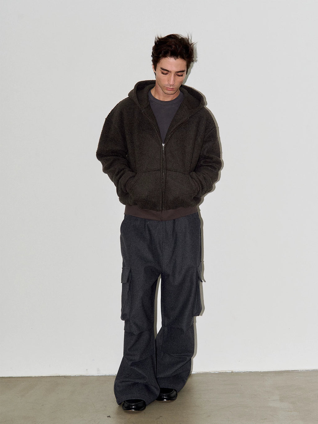 LIBERAFIT Wool Lamb Wool Silhouette Hooded Zip Jacket