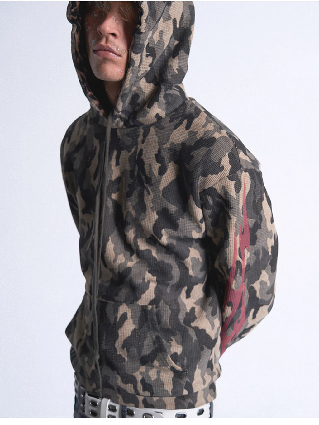 noEmosen flame camouflage waffle hooded fit street sweater