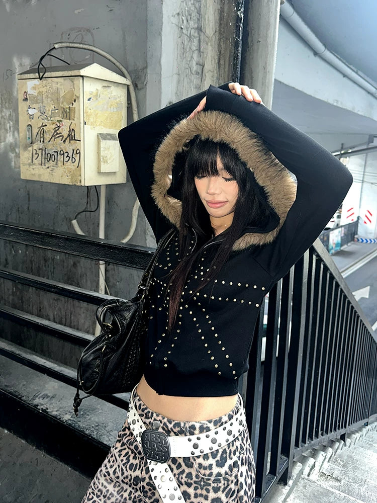 EAHO Fur Collar Rice Rivet Hooded Sweater