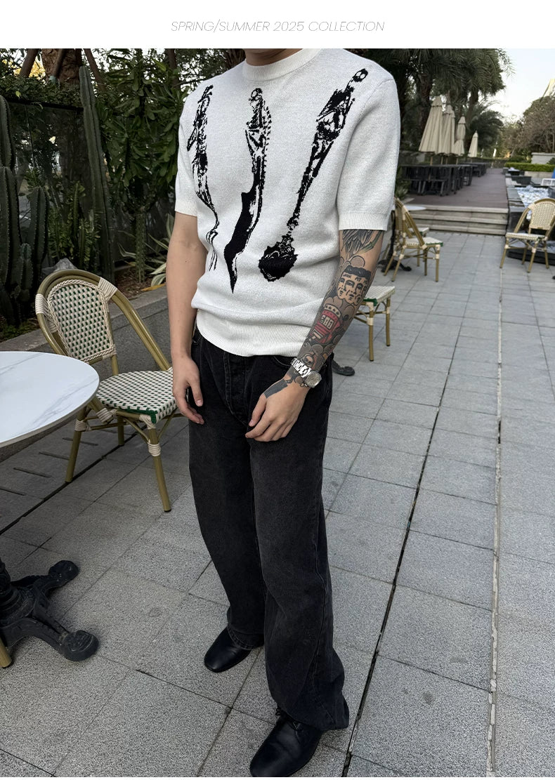 WANNA LAB Skull Knife Fork Spoon Jacquard Pattern Front Shoulder Tee