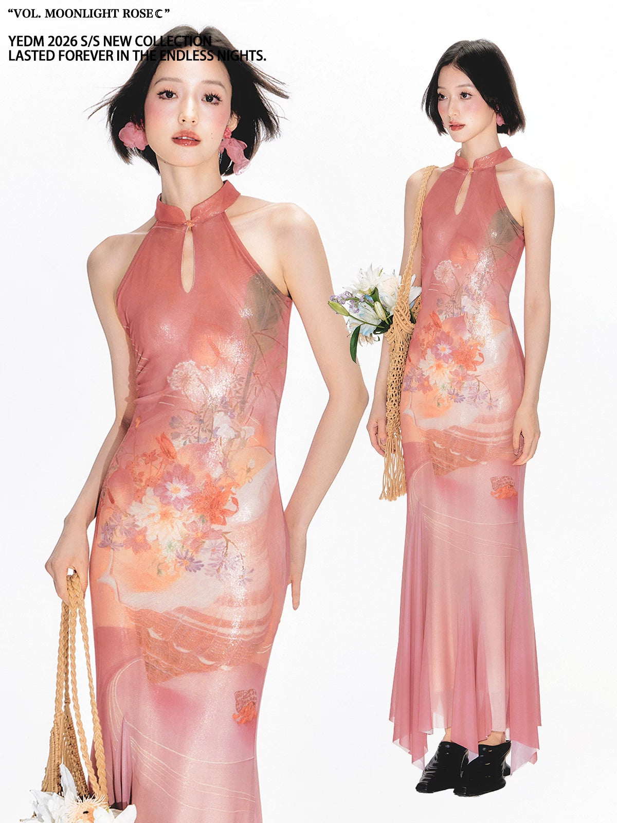 YEDM Stand-up Neck Cheongsam Floral Fishtail Dress