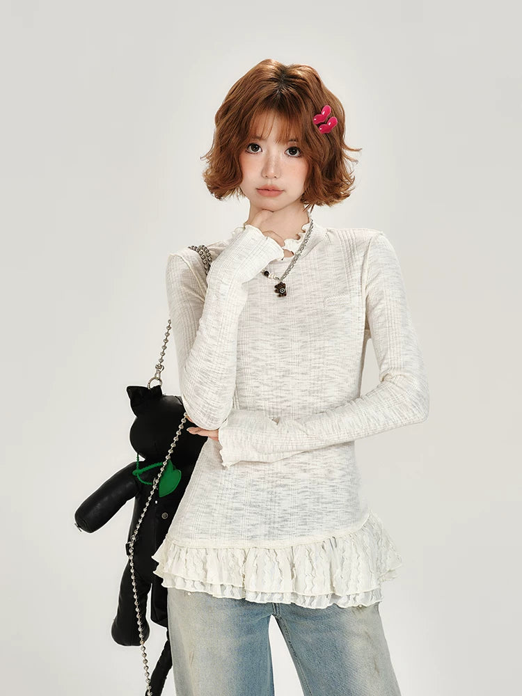 Girlyhalo Vintage Lace Paneled Crew Neck Long Sleeves