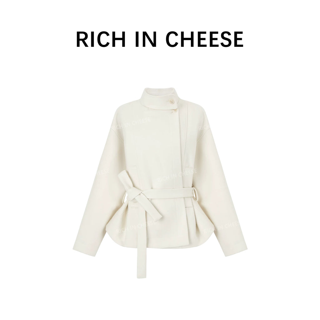 RICH IN CHEESE Small Stand-up Collar Waist Casual Versatile Short Woolen
