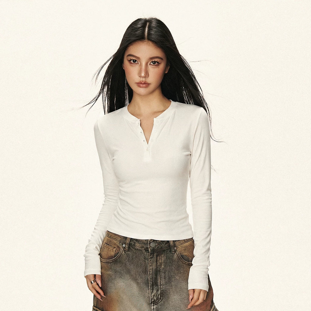 Cherry Melody Cropped Ribbed Henley Long-Sleeve Tee