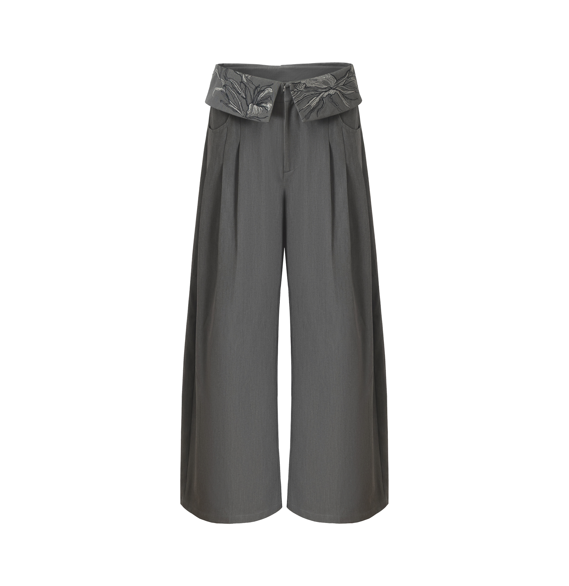 LOUMUTAKU Floral-embroidered Loose-fitting Wide-leg Suit Pants
