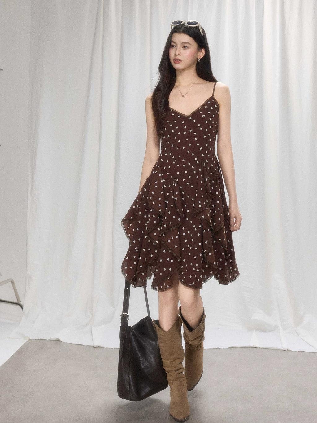 TYANG Retro Polka Dot Irregular Suspender Skirt