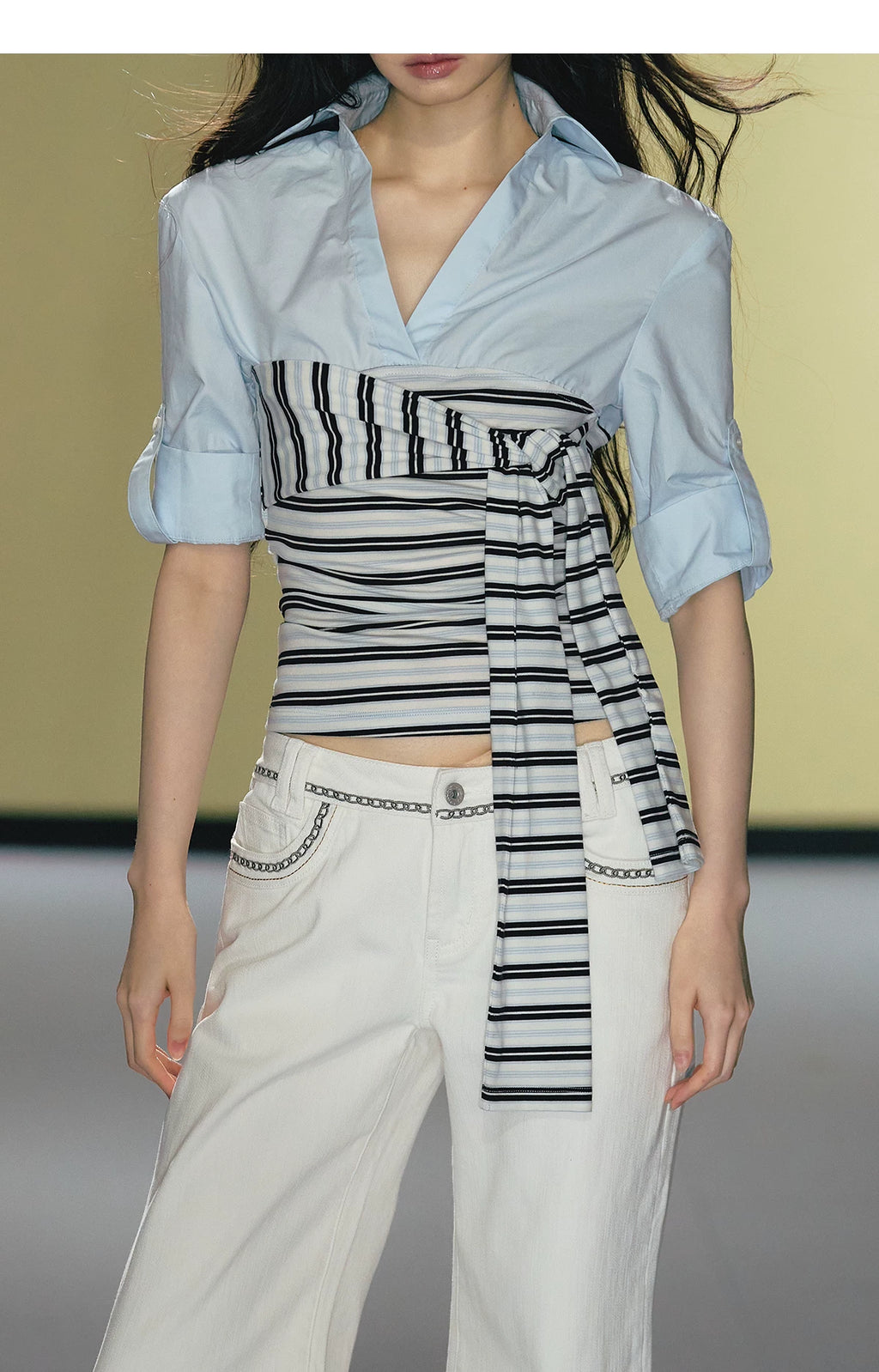 AGAM Fake Two-piece Stitched Striped Contrasting Strap Shirt